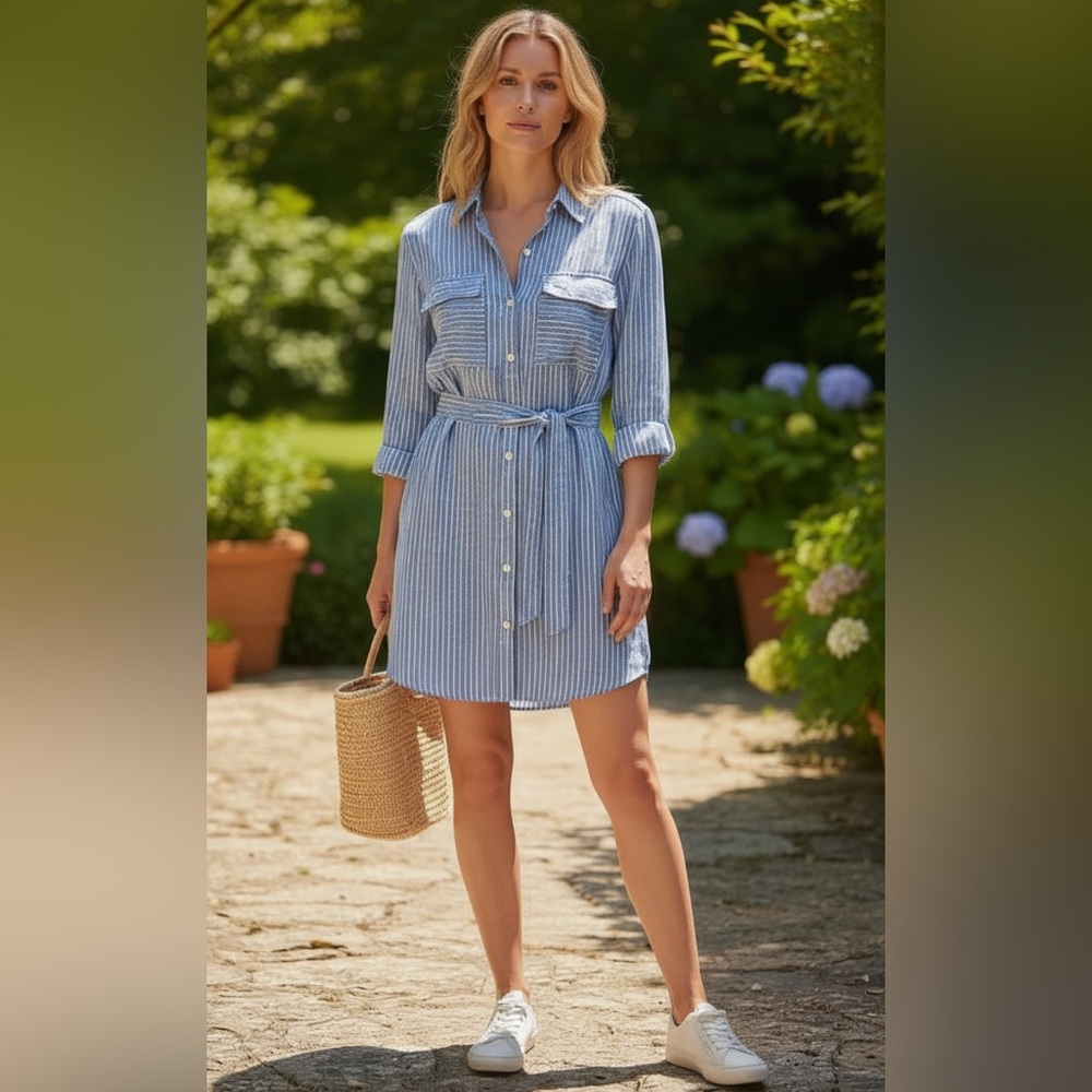 Polo Ralph Lauren Blue and White Linen Striped Shirt-dress Size 12